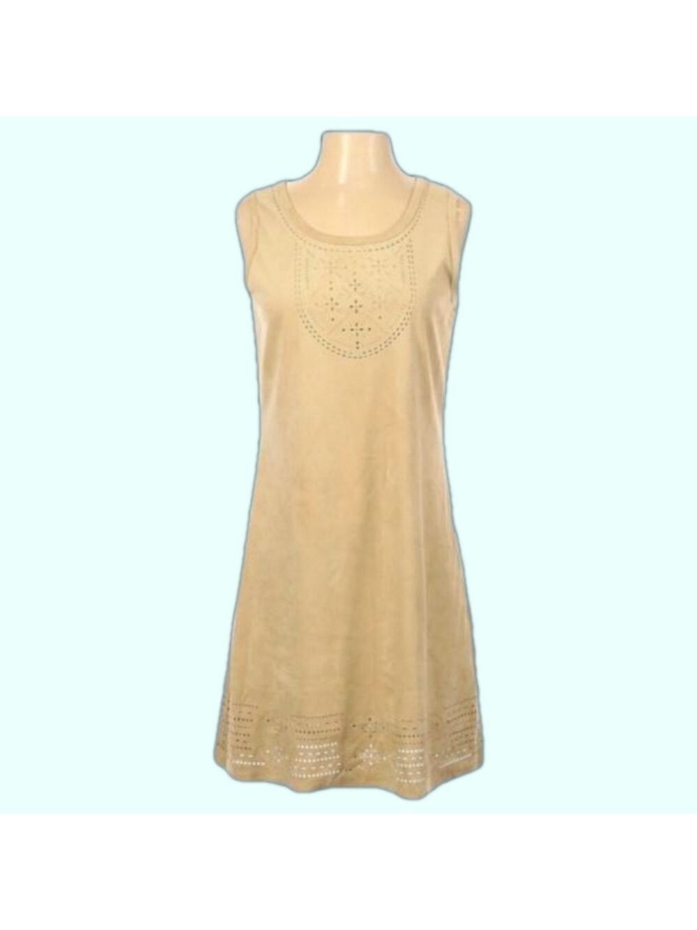 Y2K Boho Tan Faux Suede Sleeveless Eyelet Lace Mini Dress Size XS